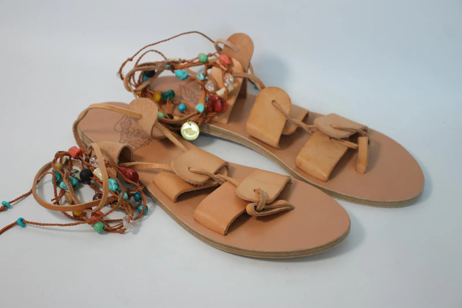 ANCIENT GREEK SANDALS Ladies Multicolour Leather Bead Ankle Strap Sandals UK7
