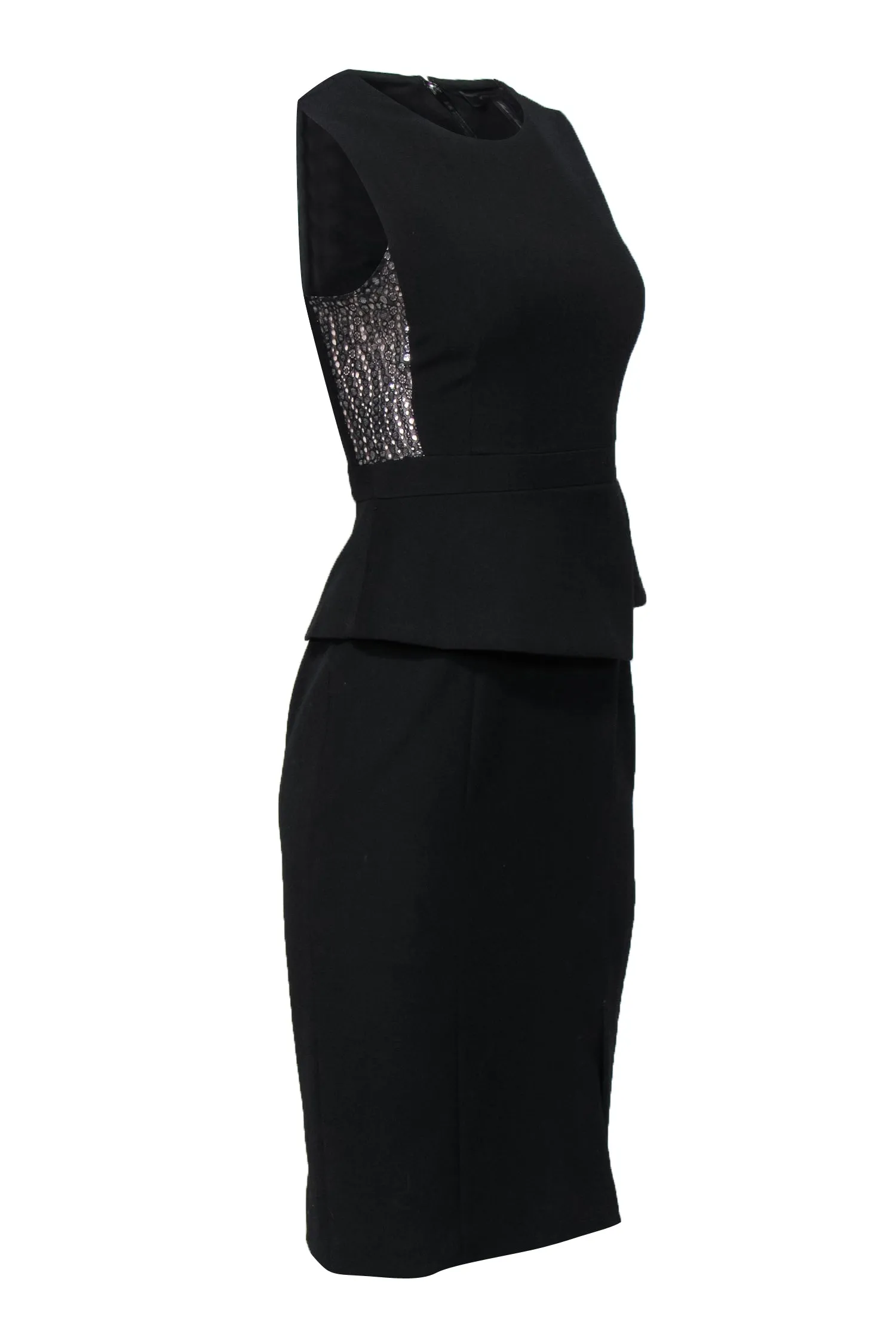 BCBG Max Azria - Black Peplum Sheath Midi Dress w/ Metallic Lace Sz 0