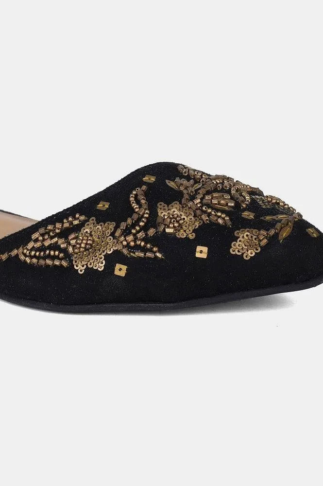 Black Pointed Toe Embroidered Flat