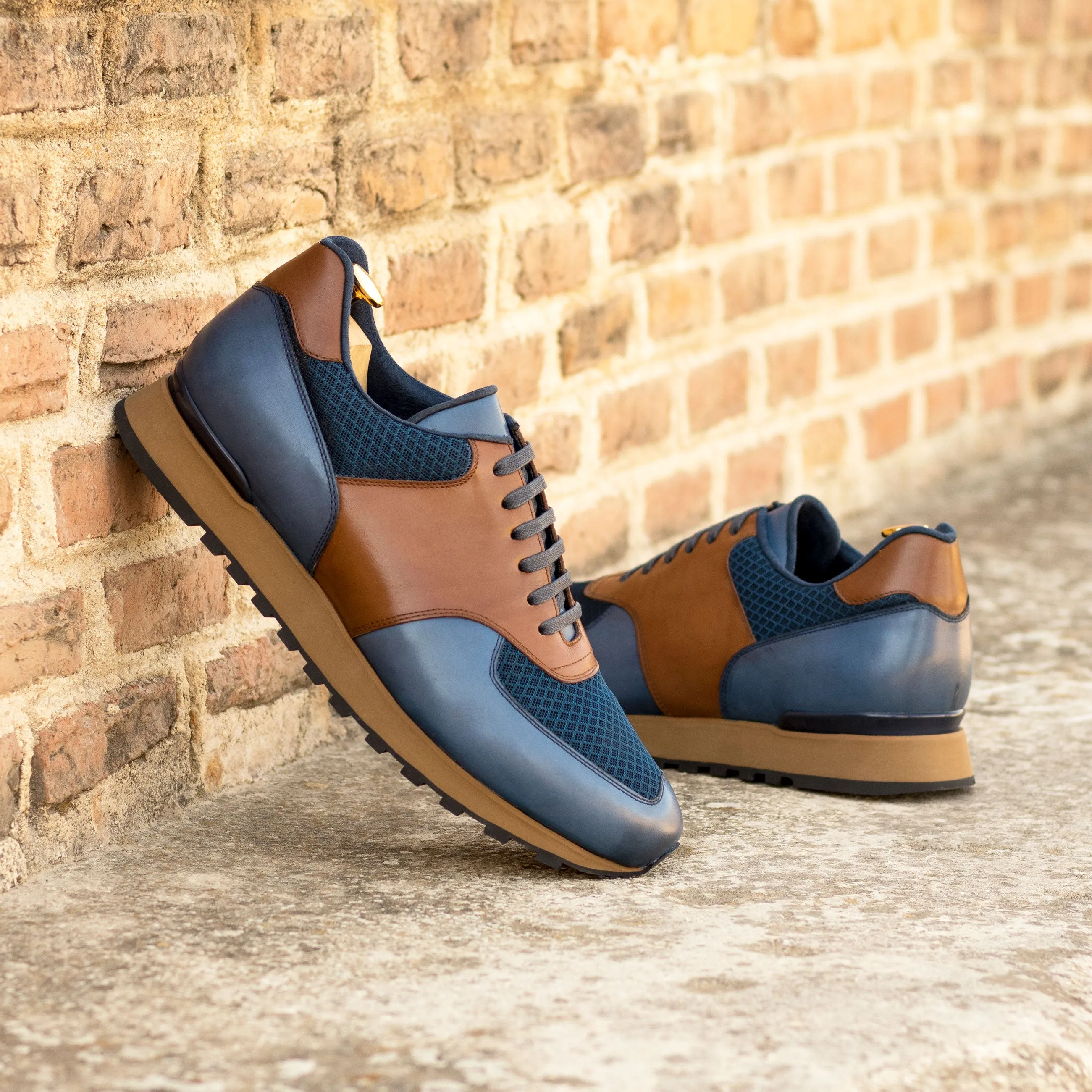 Blue and Tan Leather Sneakers, Men's Sneakers, Women's Sneakers
