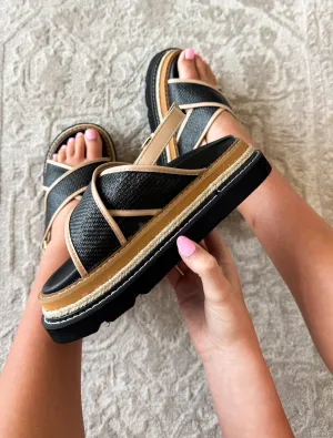Coastal Crossover Platform Sandals- Black