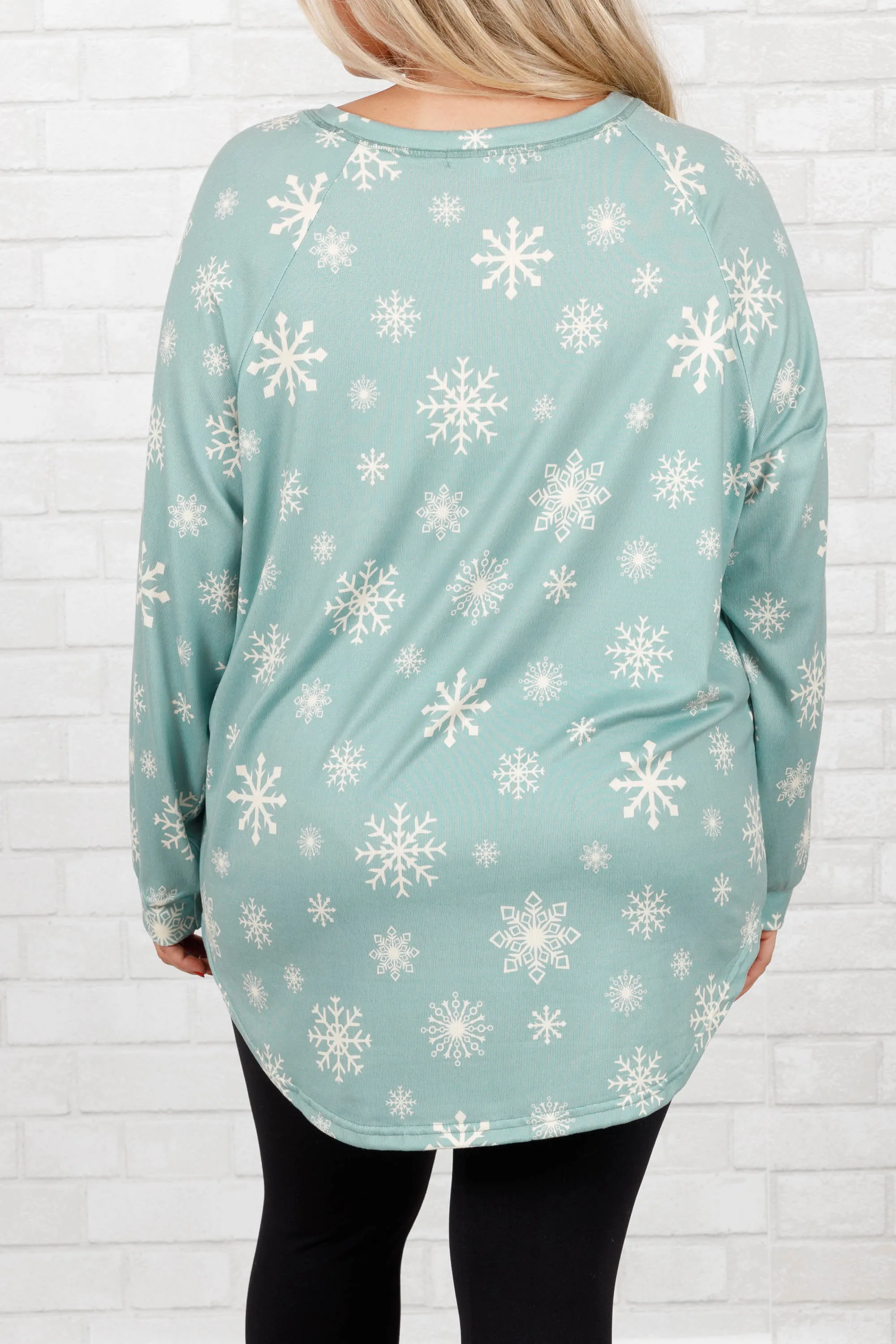 Curved Hem Slouchy Dolman Tunic, Festive Mint Snowflake