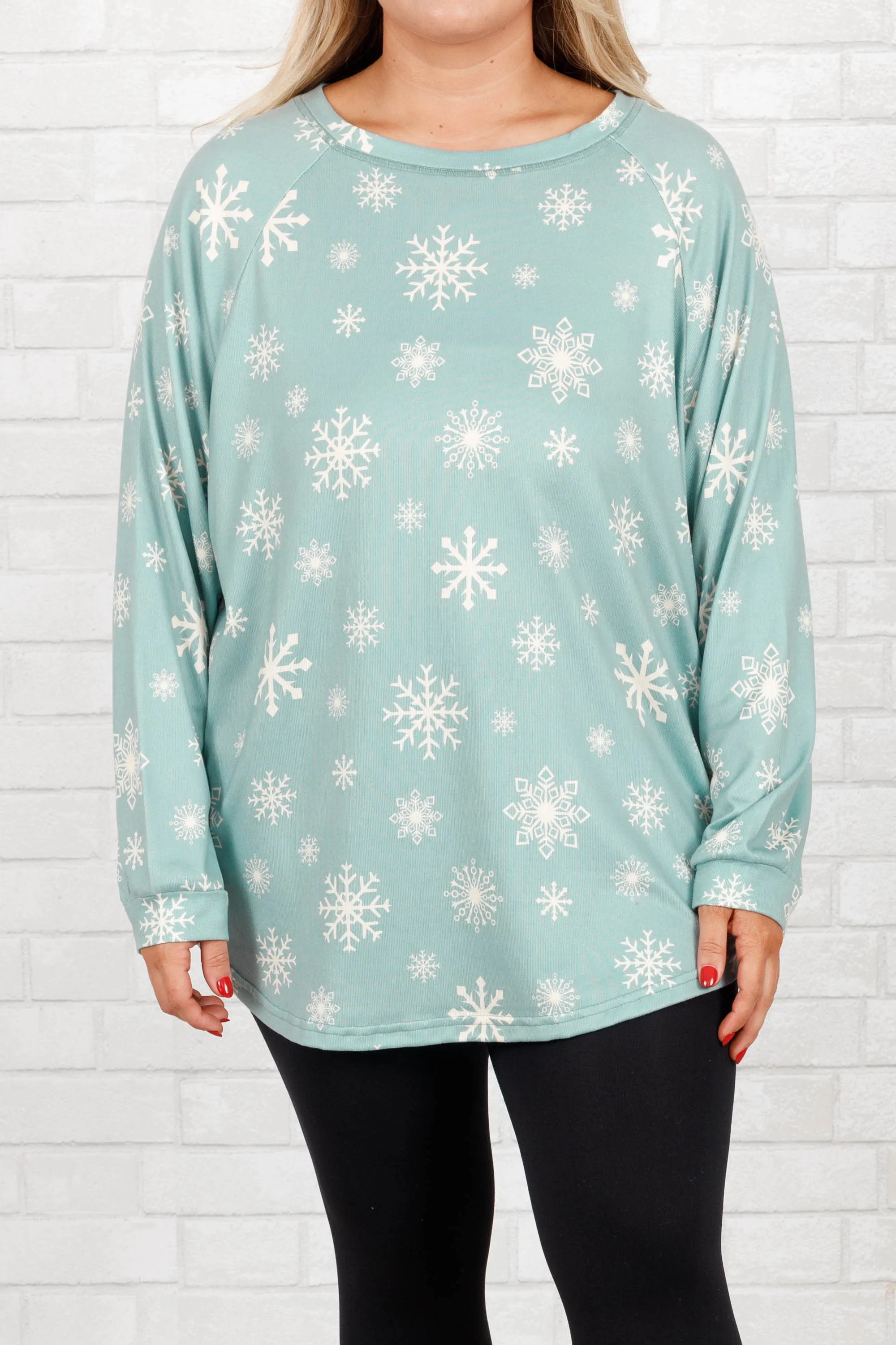 Curved Hem Slouchy Dolman Tunic, Festive Mint Snowflake