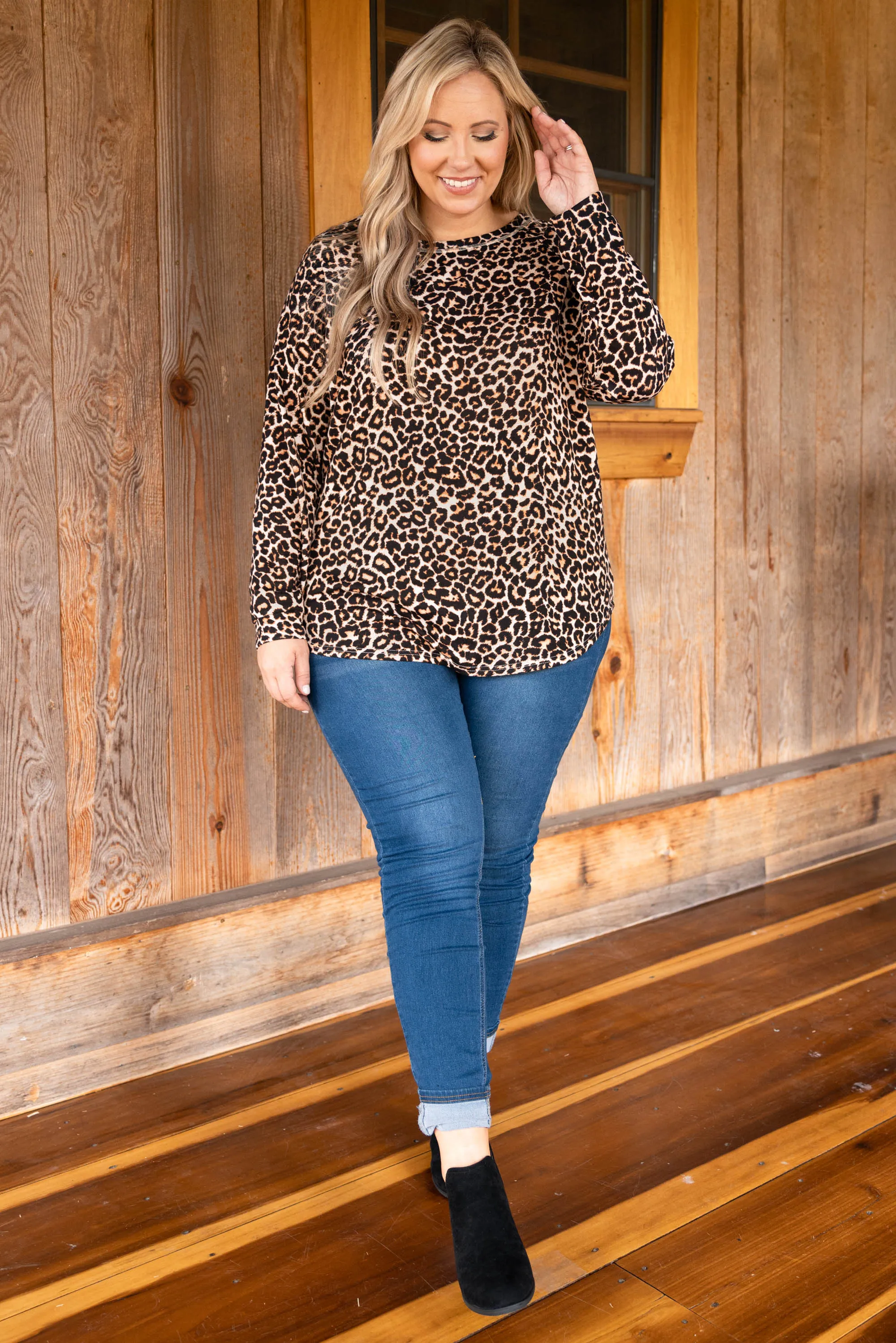 Curved Hem Slouchy Dolman Tunic, Leopard