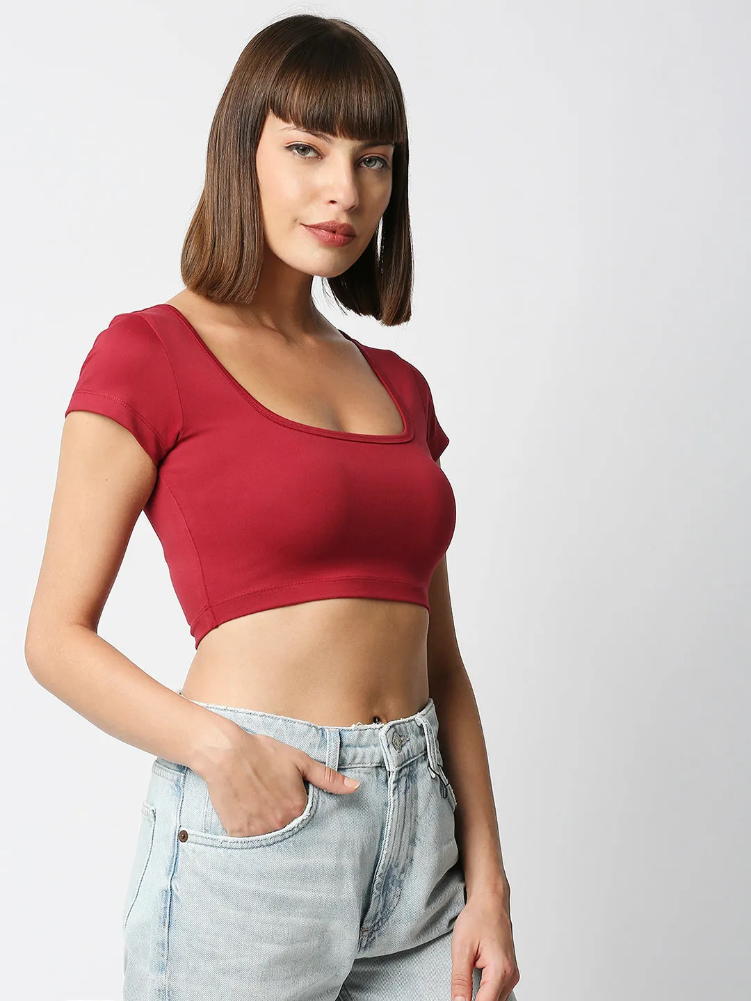 Disrupt Women Maroon Box Neck Slim Fit Smart Crop Top