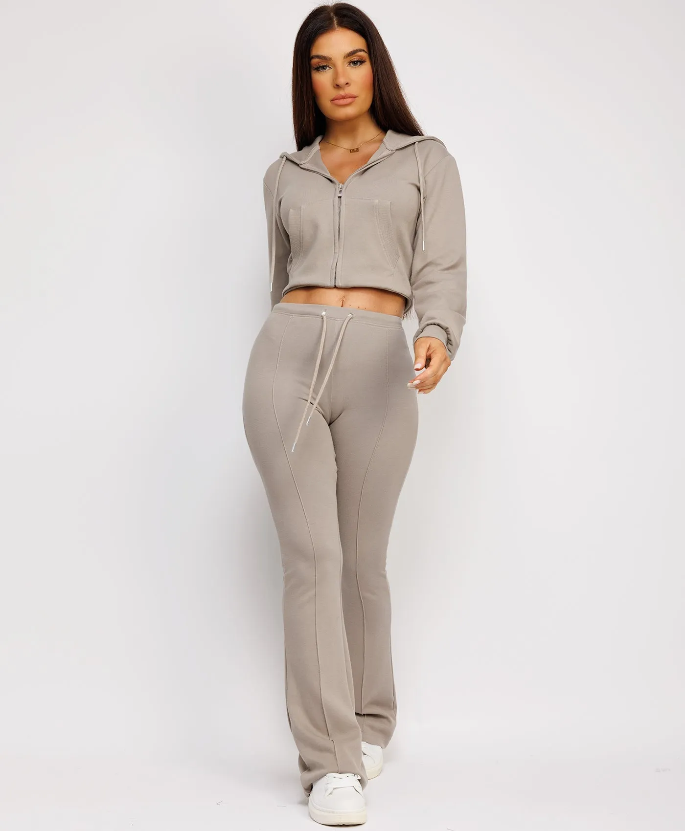 Dove Grey Cropped Bootcut Sweatshirt And Joggers Tracksuit