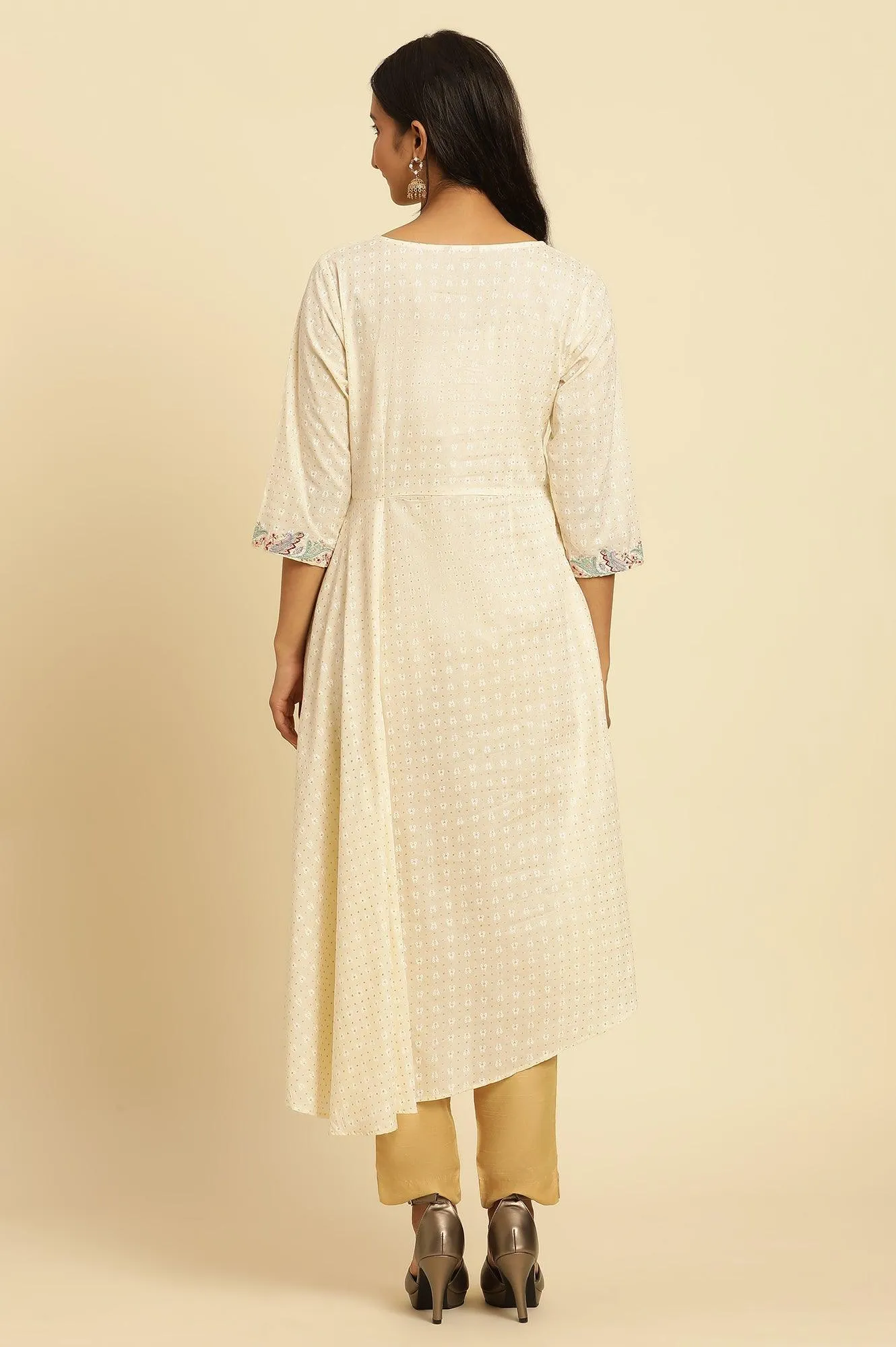 Ecru Embroidered Kurta With Asymmetrical Hemline
