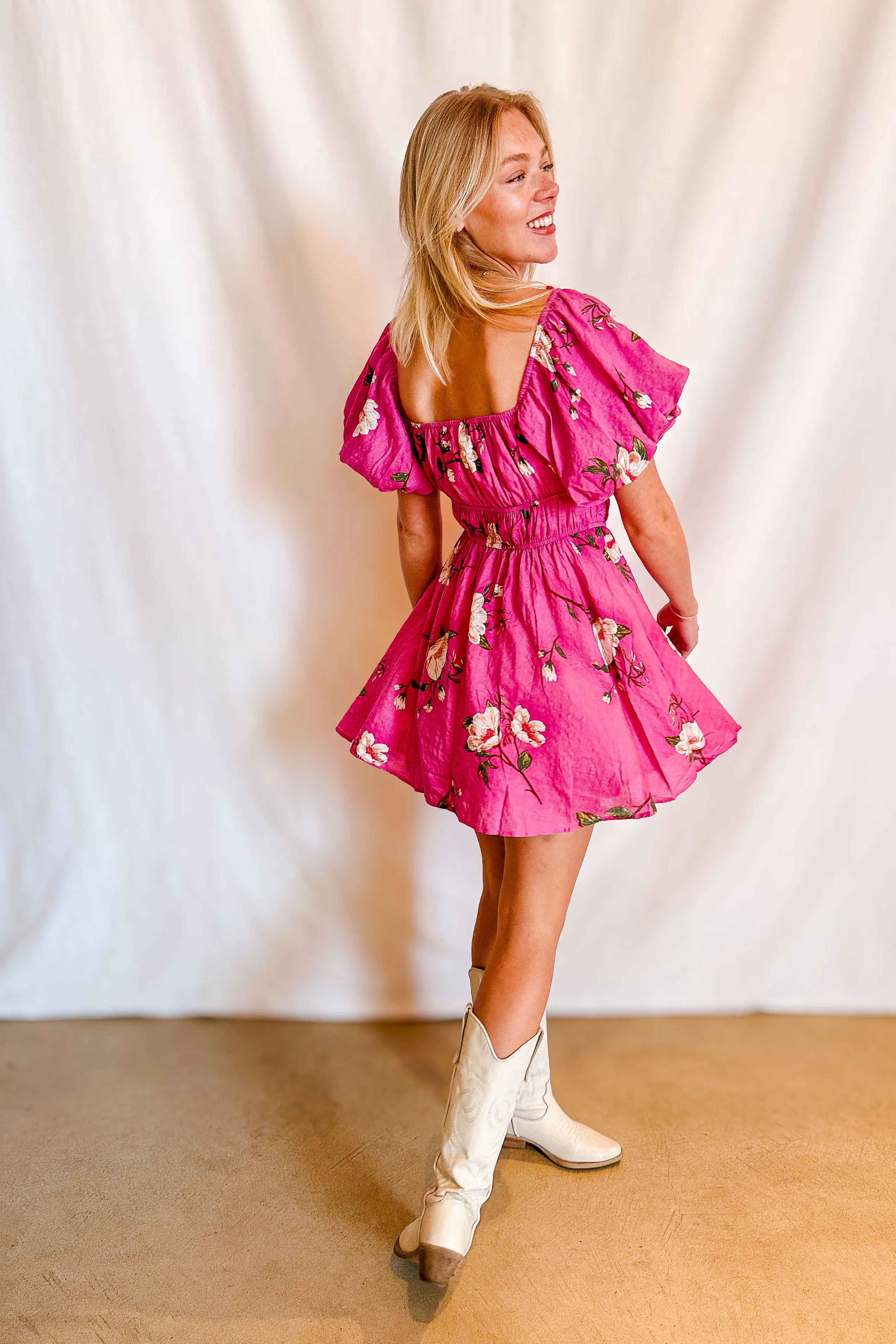 Floral Short Bubble Sleeve Dress / Fuschia