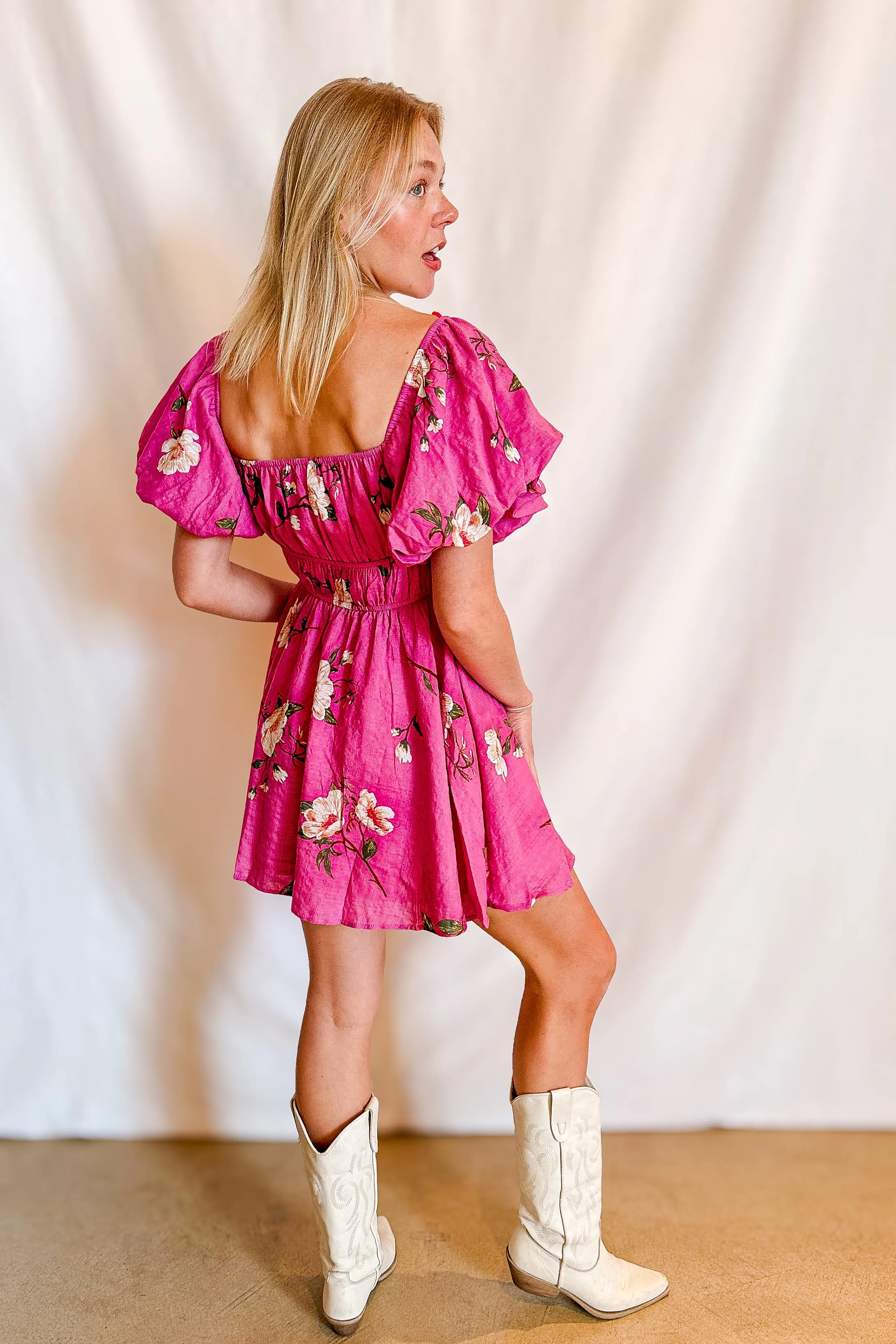 Floral Short Bubble Sleeve Dress / Fuschia