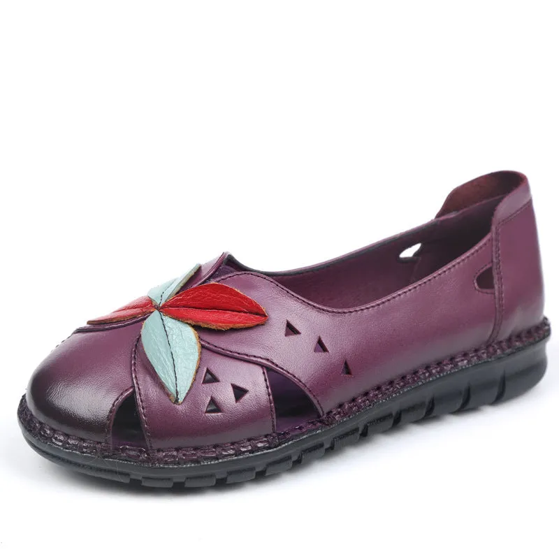 Flower Patchwork Leather Round Toe Casual Comfortable Flats