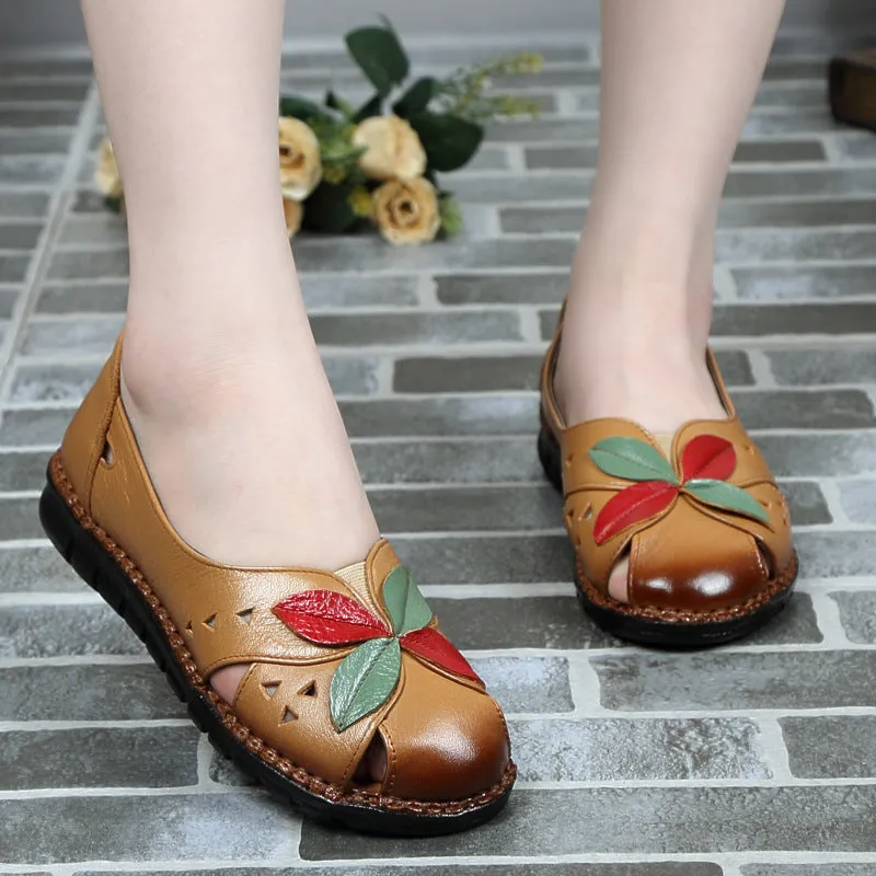 Flower Patchwork Leather Round Toe Casual Comfortable Flats