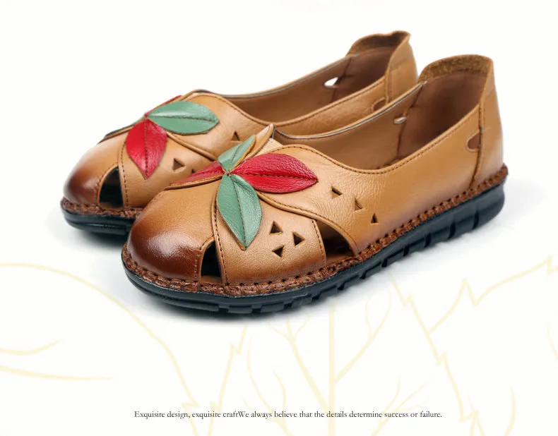 Flower Patchwork Leather Round Toe Casual Comfortable Flats