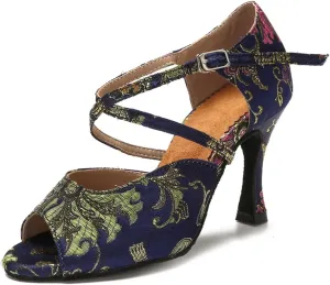 Girls Black/Blue Ballroom Heels - Tango/Salsa Training Sandals (8.5CM/3.35")