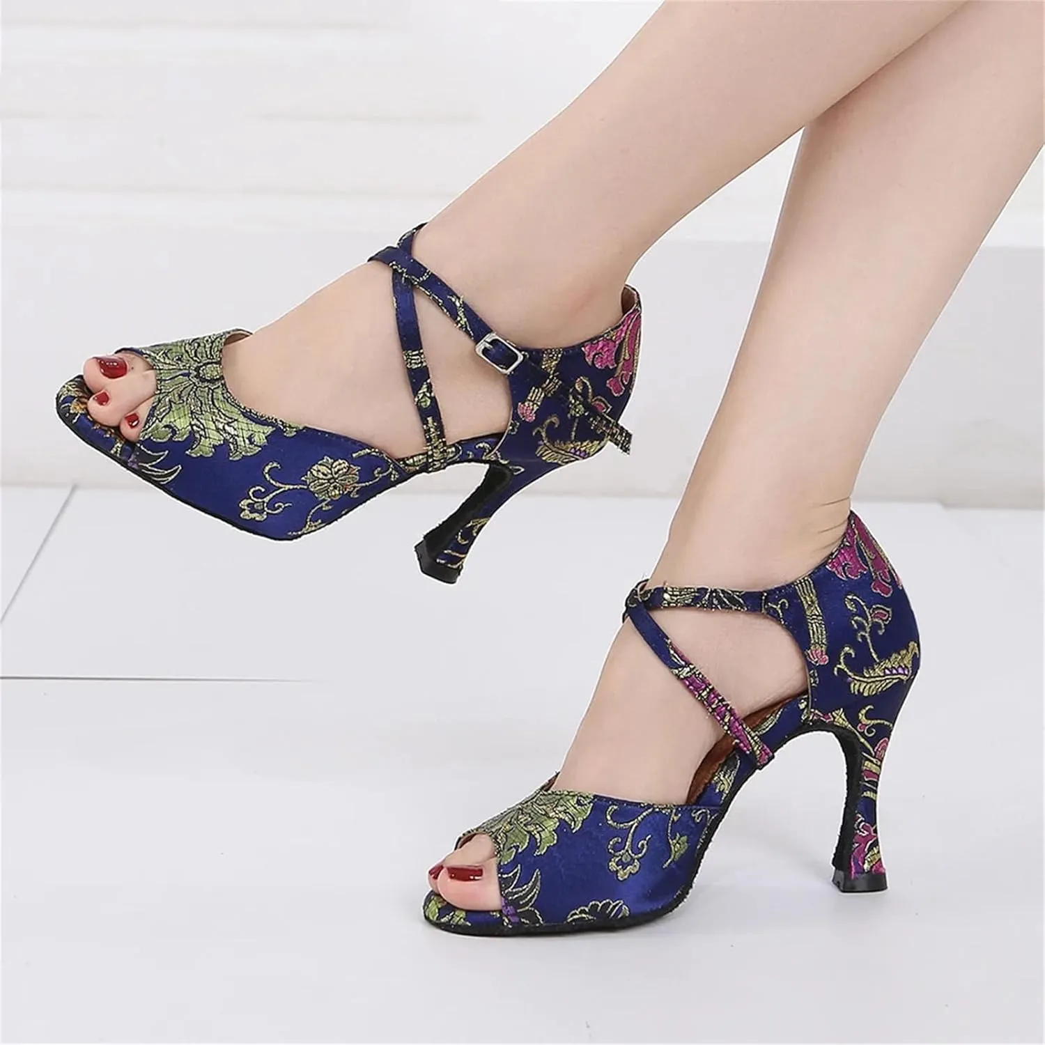 Girls Black/Blue Ballroom Heels - Tango/Salsa Training Sandals (8.5CM/3.35")