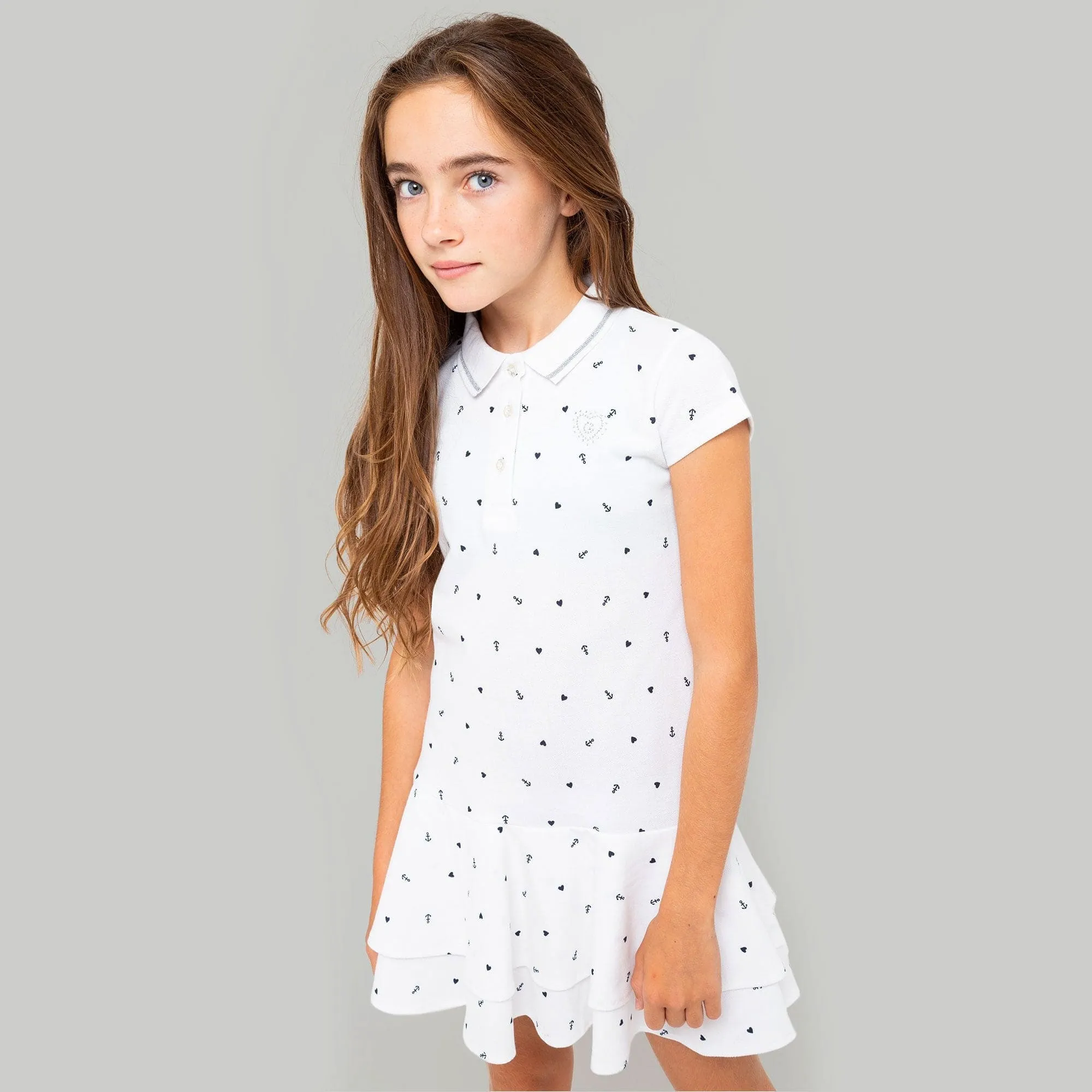 Girls White Printed Polo Dress
