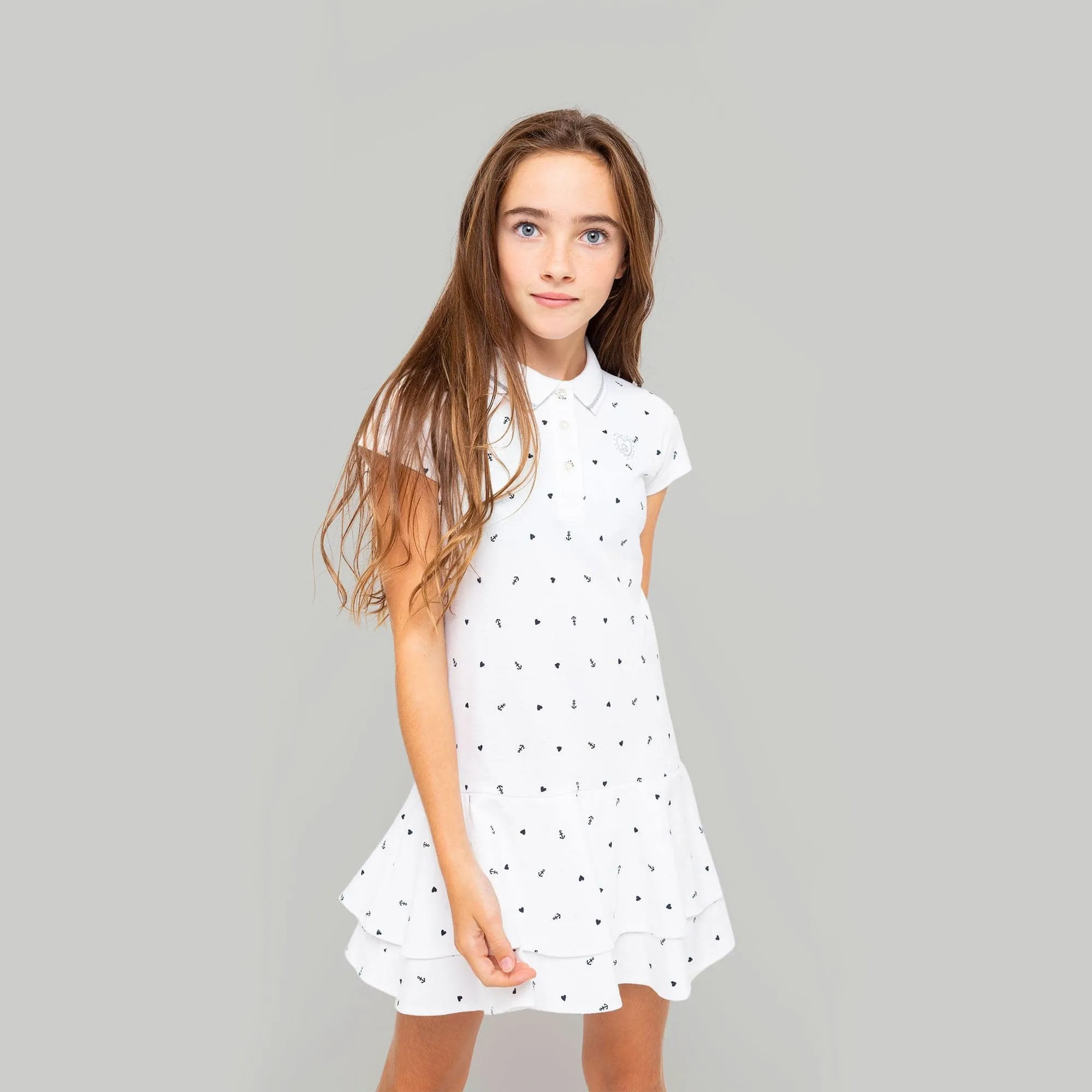 Girls White Printed Polo Dress