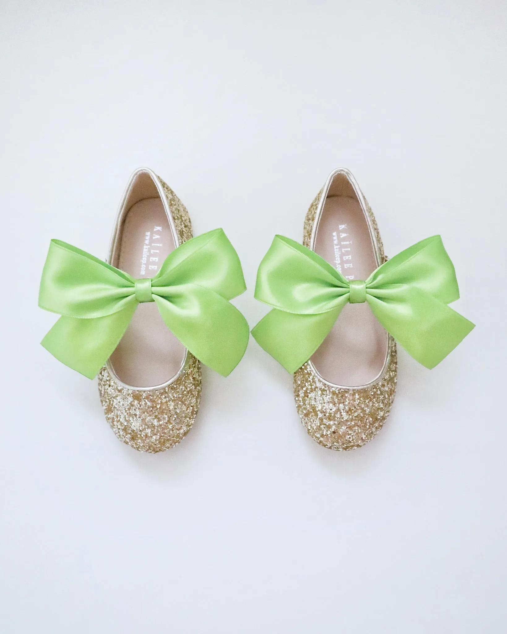 Gold Rock Glitter Mary Jane with Apple Green Satin Bow