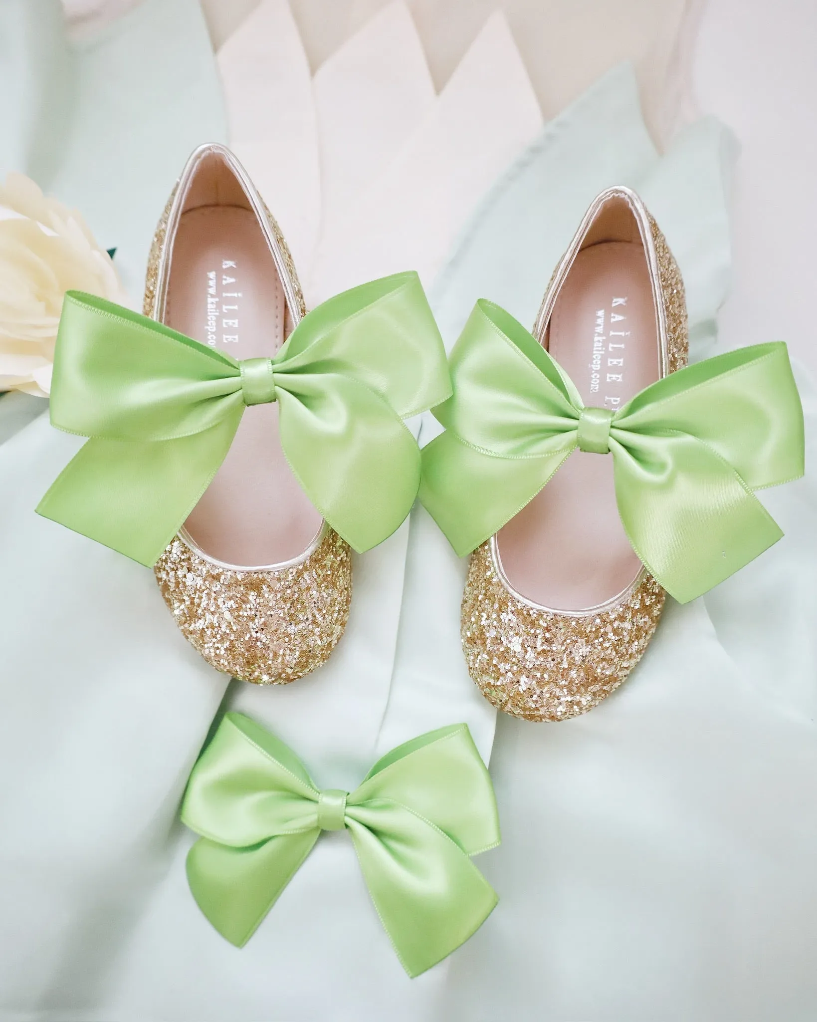 Gold Rock Glitter Mary Jane with Apple Green Satin Bow