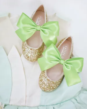 Gold Rock Glitter Mary Jane with Apple Green Satin Bow