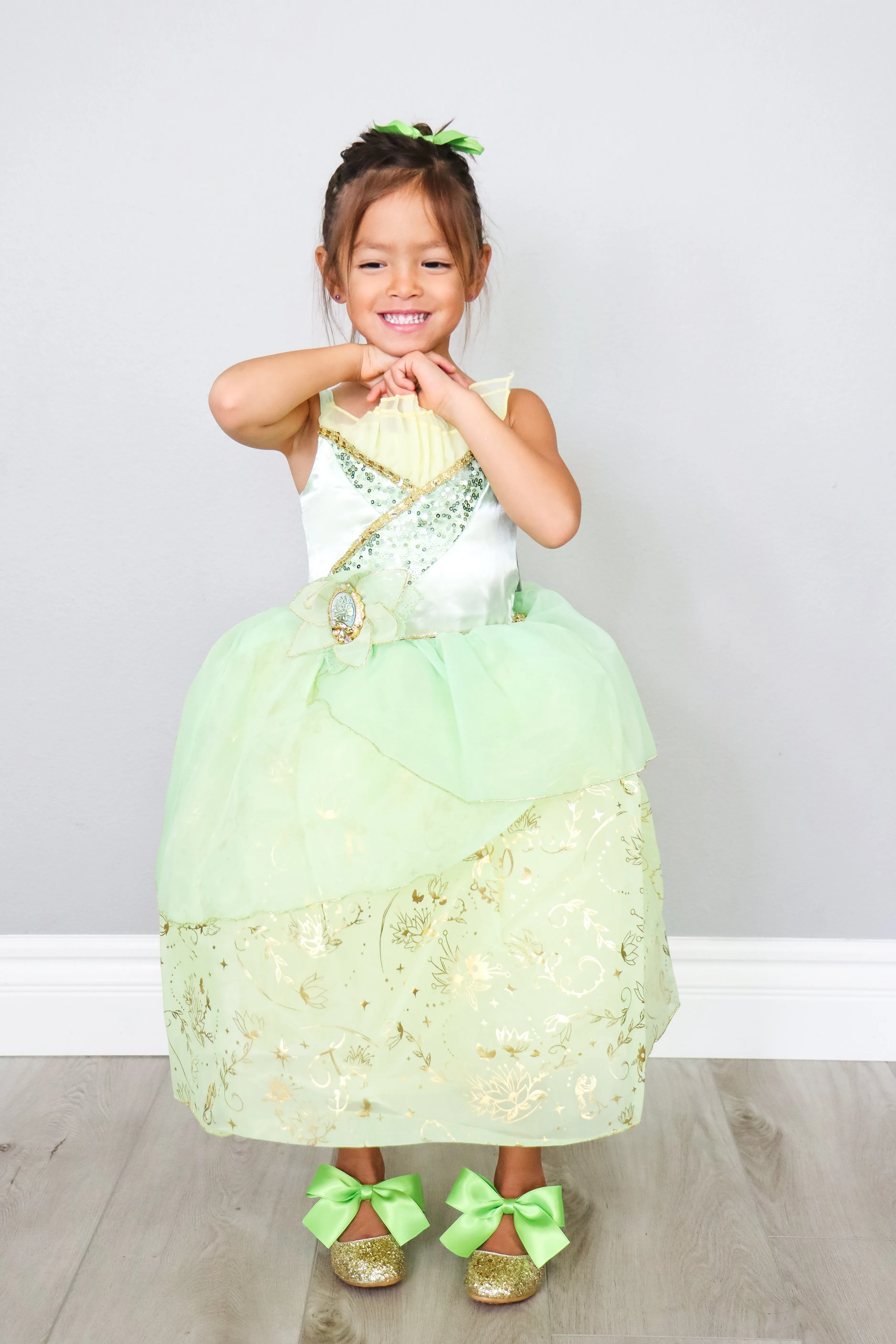 Gold Rock Glitter Mary Jane with Apple Green Satin Bow
