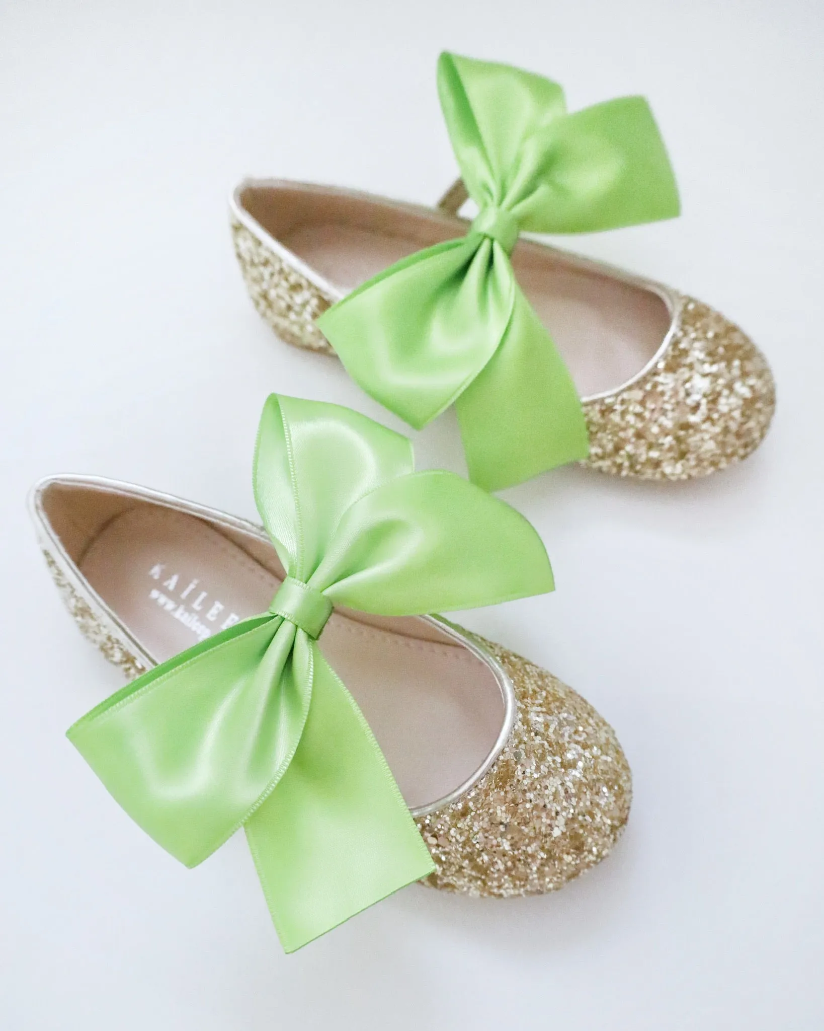 Gold Rock Glitter Mary Jane with Apple Green Satin Bow