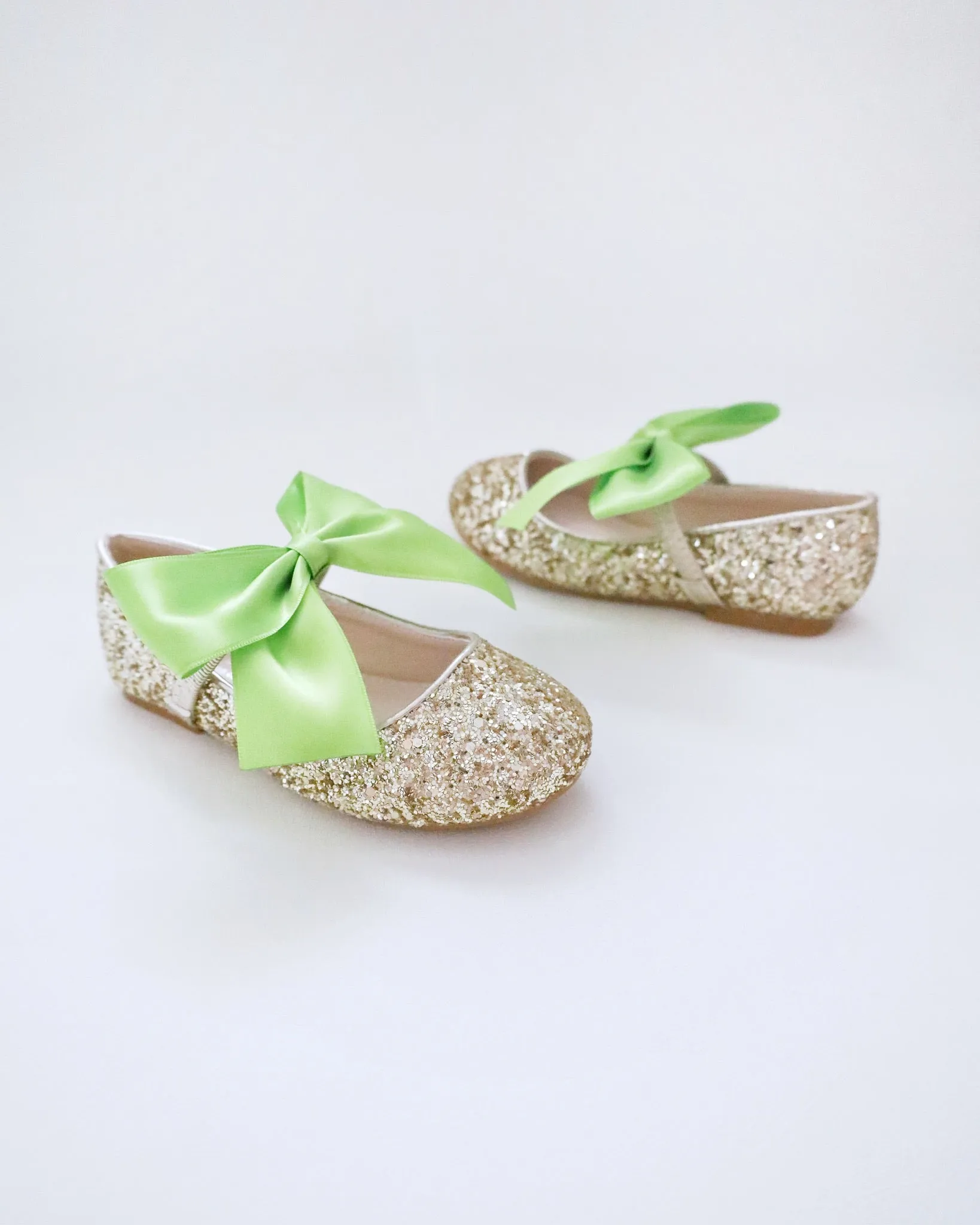 Gold Rock Glitter Mary Jane with Apple Green Satin Bow