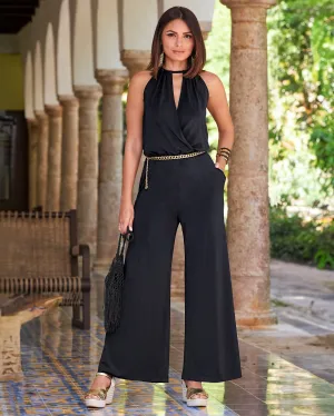 High-Neck Keyhole Blouson Knit Jumpsuit Black