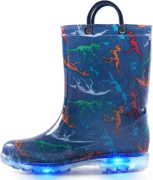 K KomForme Toddler Light Up Rain Boots Patterns and Glitter Rain Boots for Girls Boys with Handles,Blue Dinosaur Group,3
