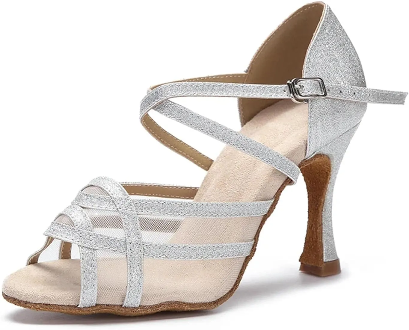 Ladies Mesh Ballroom Shoes - Samba Rumba Party Dance Sandals (8.5CM/3.35")