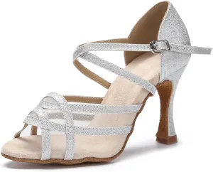 Ladies Mesh Ballroom Shoes - Samba Rumba Party Dance Sandals (8.5CM/3.35")