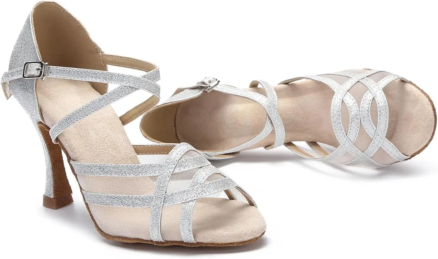 Ladies Mesh Ballroom Shoes - Samba Rumba Party Dance Sandals (8.5CM/3.35")