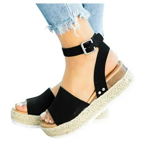 LAICIGO Women’s Flatform Espadrilles Ankle Strap Buckle Open Toe Faux Leather Studded Wedge Summer Sandals