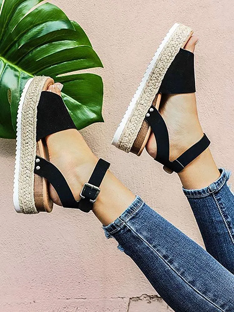 LAICIGO Women’s Flatform Espadrilles Ankle Strap Buckle Open Toe Faux Leather Studded Wedge Summer Sandals