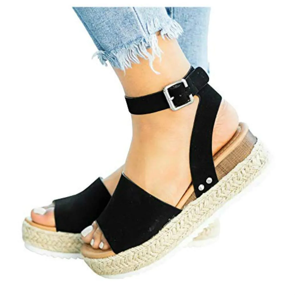 LAICIGO Women’s Flatform Espadrilles Ankle Strap Buckle Open Toe Faux Leather Studded Wedge Summer Sandals