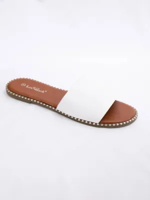 Metal Detail White Slide Sandals