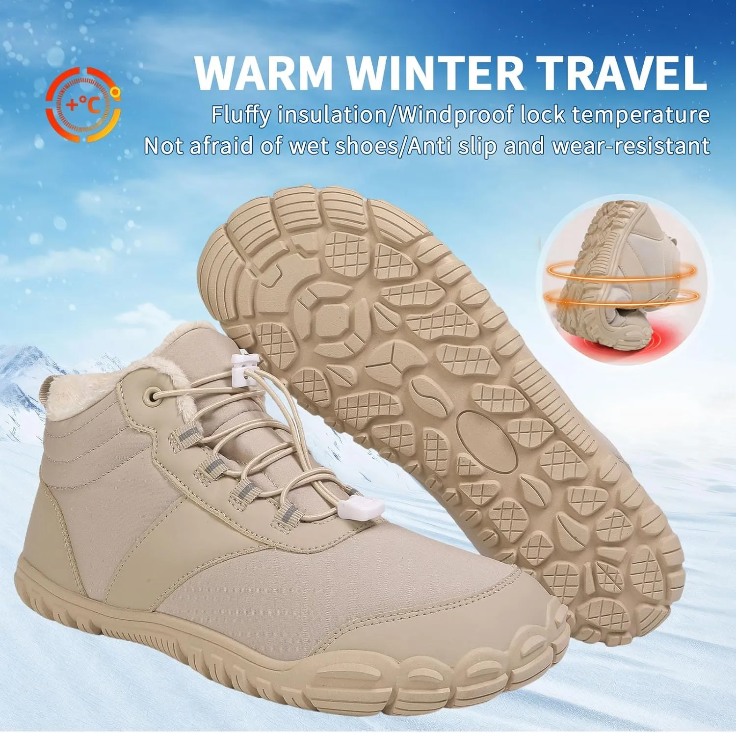 MOCHINI Snow Boots Mens Womens Winter Footwear Barefoot Shoes Warm Fur Lined Ankle Booties Hiking Trekking Trail Climbing Shoes Lace Up Anti-Slip Waterproof Hiking Boots, Wide Walking Shoes