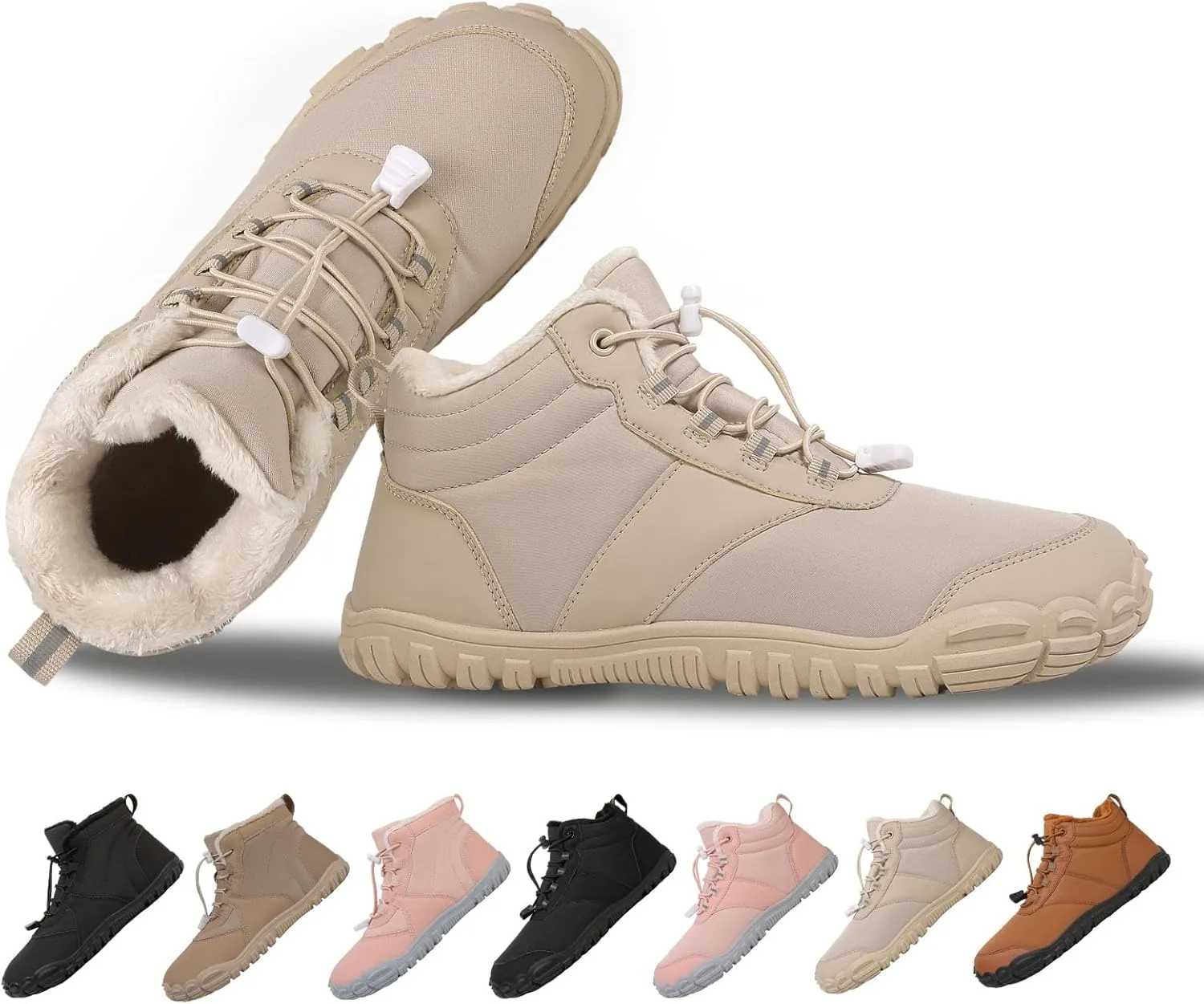 MOCHINI Snow Boots Mens Womens Winter Footwear Barefoot Shoes Warm Fur Lined Ankle Booties Hiking Trekking Trail Climbing Shoes Lace Up Anti-Slip Waterproof Hiking Boots, Wide Walking Shoes