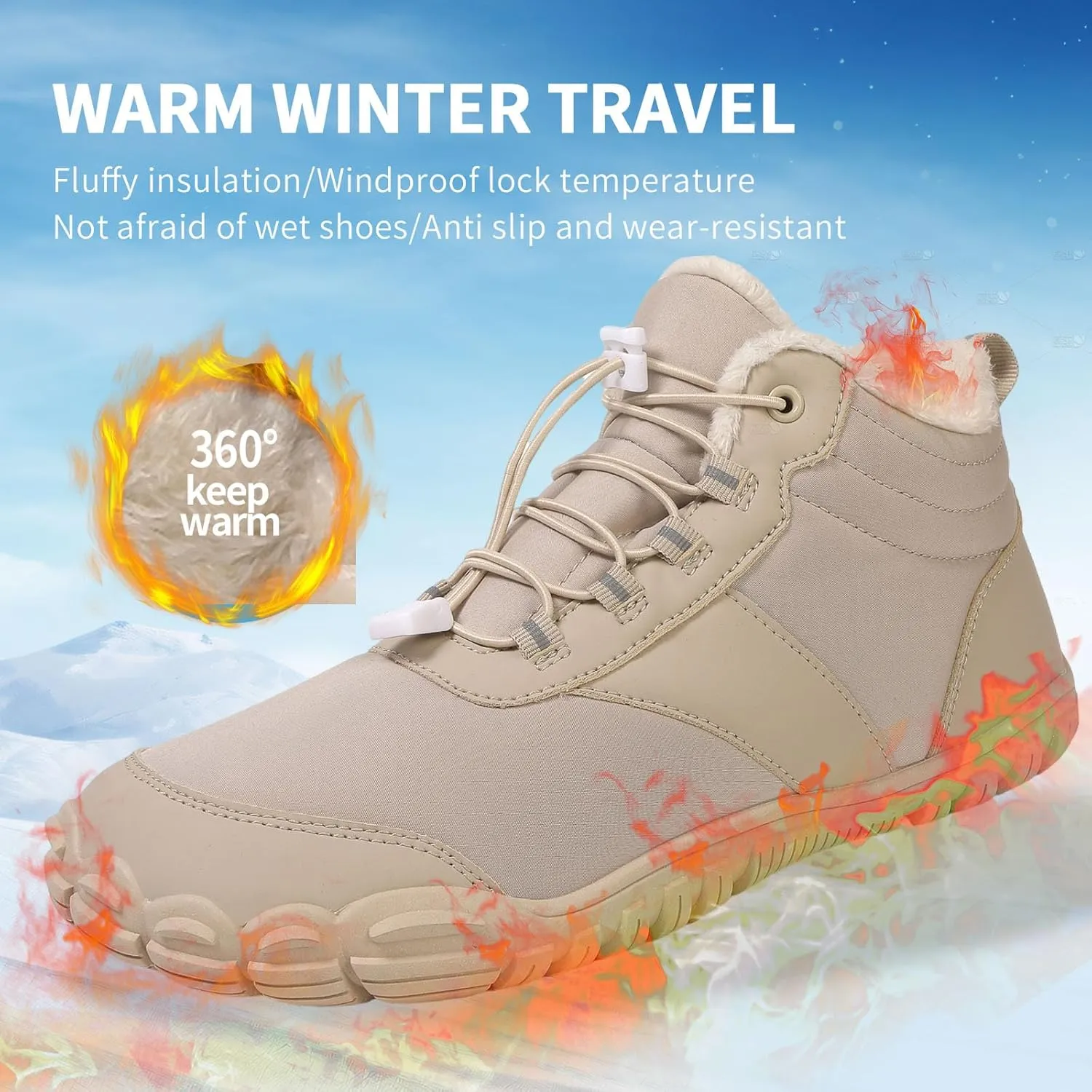 MOCHINI Snow Boots Mens Womens Winter Footwear Barefoot Shoes Warm Fur Lined Ankle Booties Hiking Trekking Trail Climbing Shoes Lace Up Anti-Slip Waterproof Hiking Boots, Wide Walking Shoes