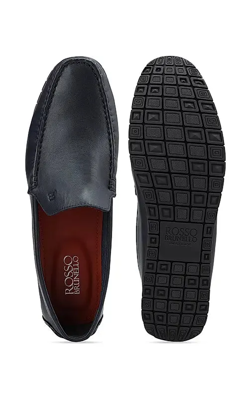 Navy Plain Leather Moccasins