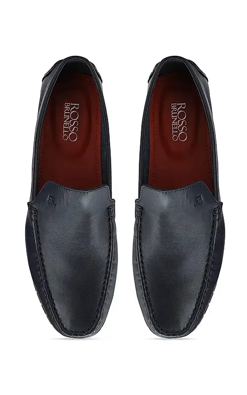 Navy Plain Leather Moccasins