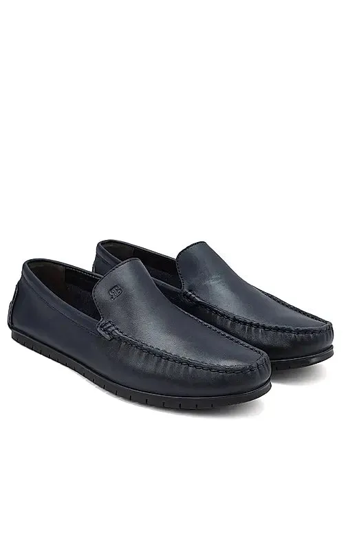 Navy Plain Leather Moccasins