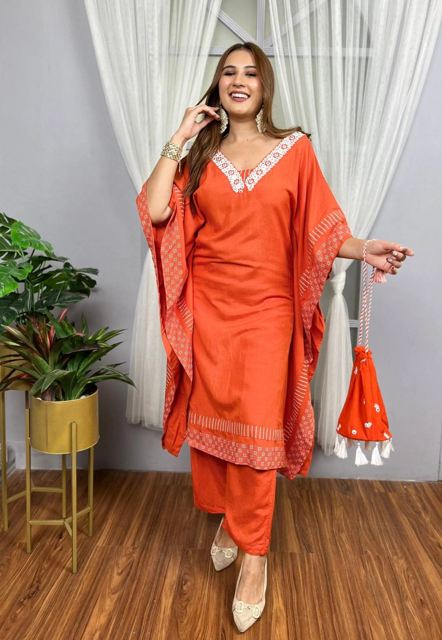 Orange Kaftan Style Co-ord Set   Potli Bag