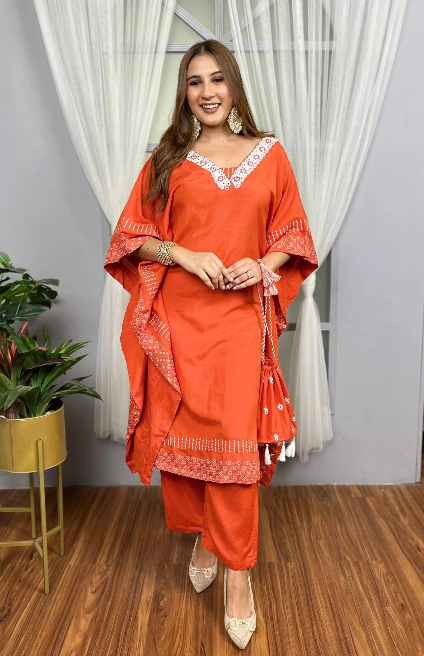 Orange Kaftan Style Co-ord Set   Potli Bag