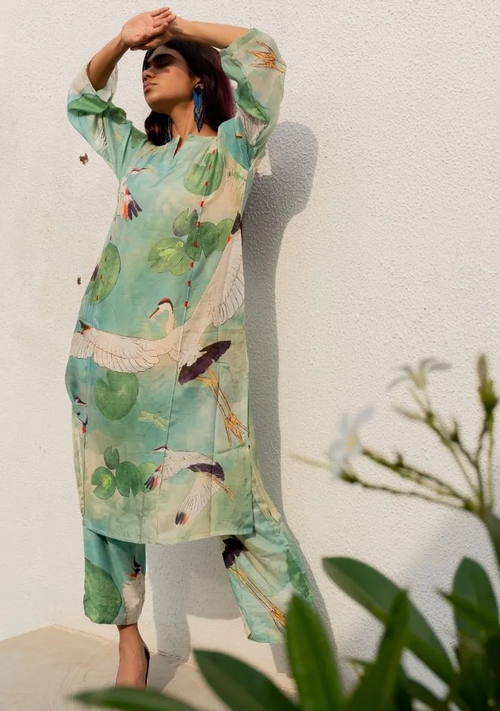 Oriental Cranes & Frogs Kurta