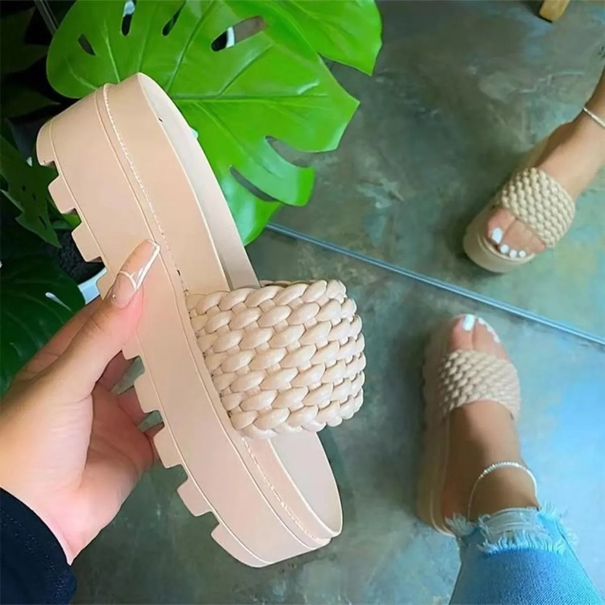 Slip On PU Leather Open Toe Platform Sandals