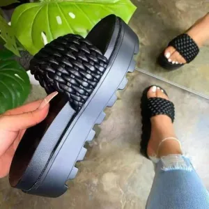 Slip On PU Leather Open Toe Platform Sandals