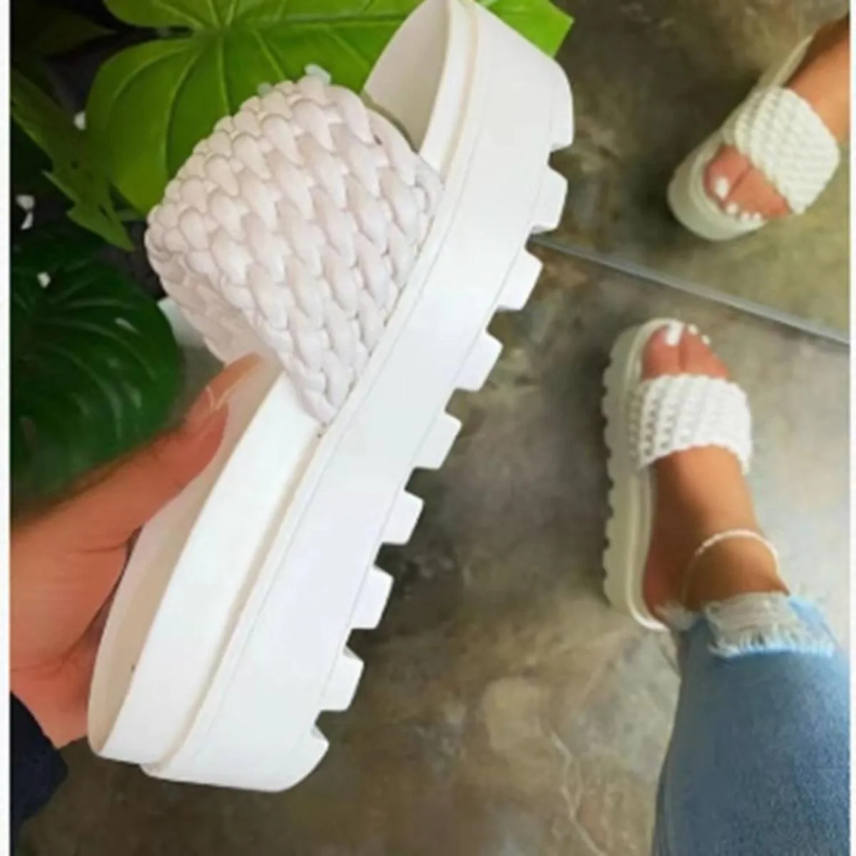 Slip On PU Leather Open Toe Platform Sandals