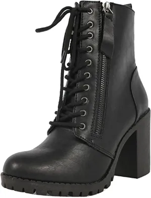SODA Malia Black Round Toe Block Stacked Lug Heel Lace Up Ankle Combat Booties