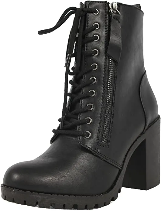 SODA Malia Black Round Toe Block Stacked Lug Heel Lace Up Ankle Combat Booties