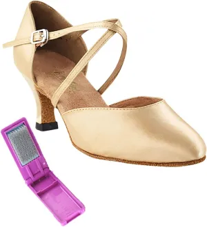 Very Fine Dance Shoes - Ladies Latin, Rhythm, Salsa, Waltz, Wedding Dance Shoes - 9691-2.5-inch Heel and Foldable Brush Bundle - Light Brown Satin - 6